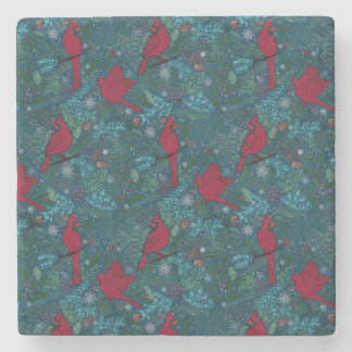 Cardinals and conifers, winter holiday pattern  stone coaster