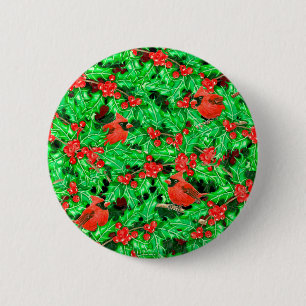 Cardinals and holly berry 6 cm round badge