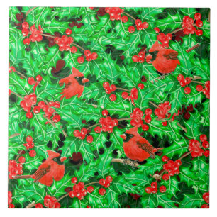 Cardinals and holly berry tile