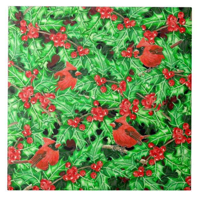 Cardinals and holly berry tile (Front)