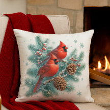 Cardinals and Pine Winter Season Throw Pillow