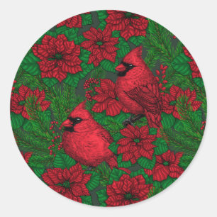 Cardinals and poinsettia for Christmas Classic Round Sticker