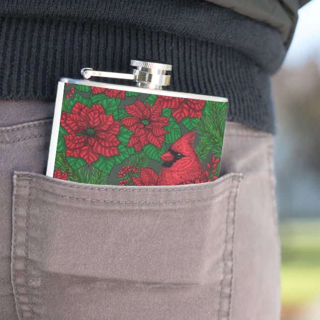 Cardinals and poinsettia for Christmas Hip Flask (In Situ)
