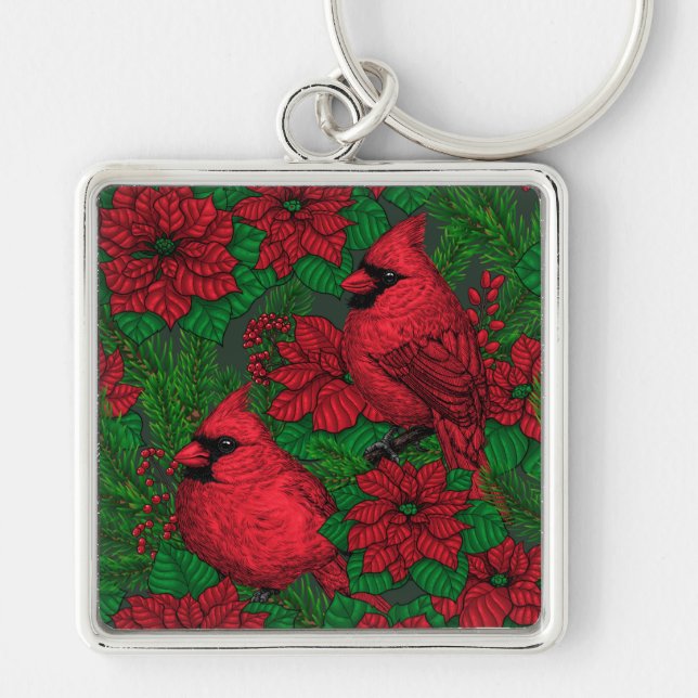 Cardinals and poinsettia for Christmas Key Ring (Front)