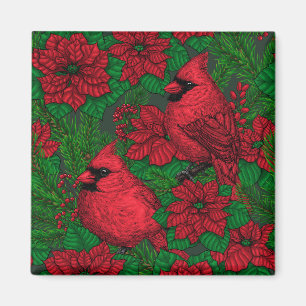 Cardinals and poinsettia for Christmas Magnet