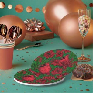 Cardinals and poinsettia for Christmas Paper Plate