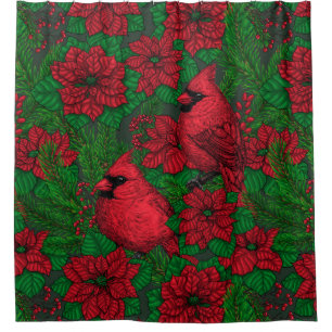 Cardinals and poinsettia for Christmas Shower Curtain