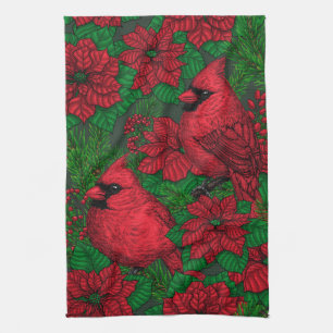 Cardinals and poinsettia for Christmas Tea Towel