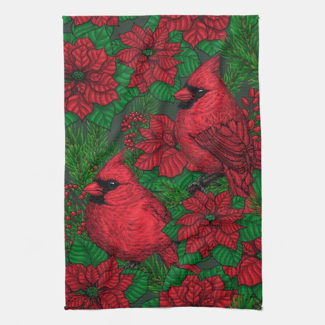 Cardinals and poinsettia for Christmas Tea Towel (Vertical)