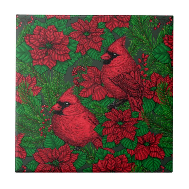 Cardinals and poinsettia for Christmas Tile (Front)