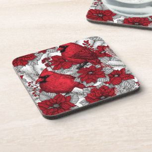 Cardinals and poinsettia in red and white coaster