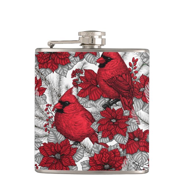 Cardinals and poinsettia in red and white hip flask (Front)
