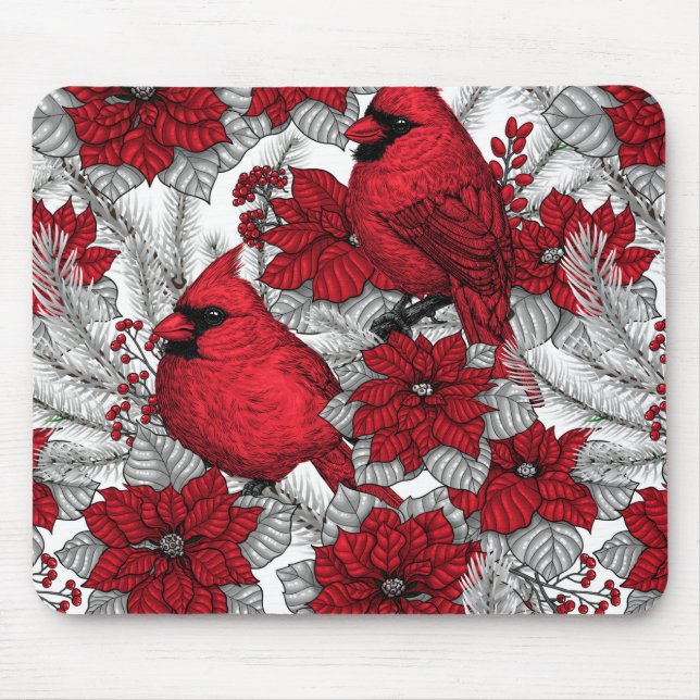 Cardinals and poinsettia in red and white mouse pad (Front)