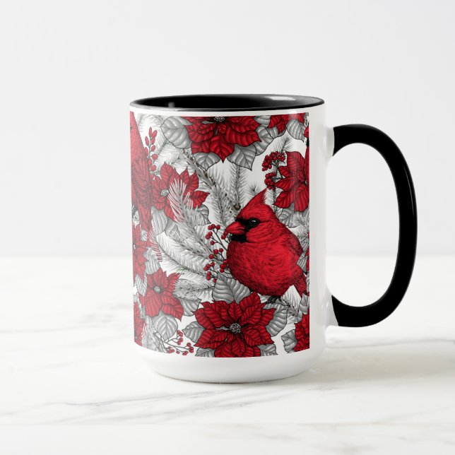 Cardinals and poinsettia in red and white mug (Right)