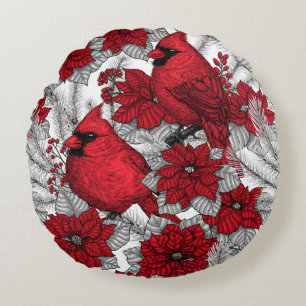 Cardinals and poinsettia in red and white round cushion