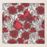 Cardinals and poinsettia in red and white scarf<br><div class="desc">Cardinals in winter branches and Christmas decoration</div>
