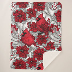 Cardinals and poinsettia in red and white sherpa blanket