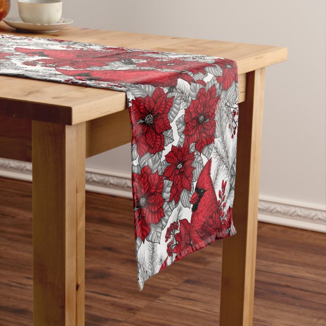 Cardinals and poinsettia in red and white short table runner (In Situ)
