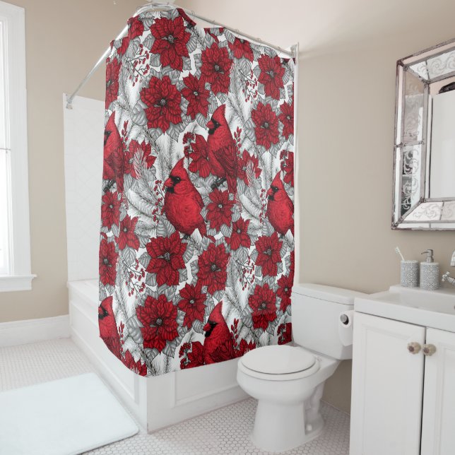 Cardinals and poinsettia in red and white shower curtain (In Situ)