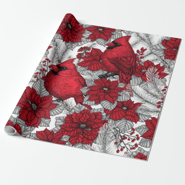 Cardinals and poinsettia in red and white wrapping paper (Unrolled)