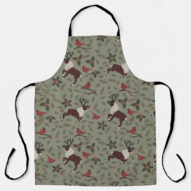 Cardinals and Reindeer Christmas Holiday Apron (Front)