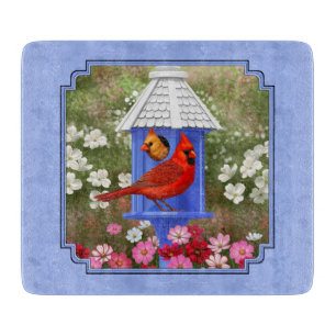 Cardinals and Round Birdhouse Blue Cutting Board