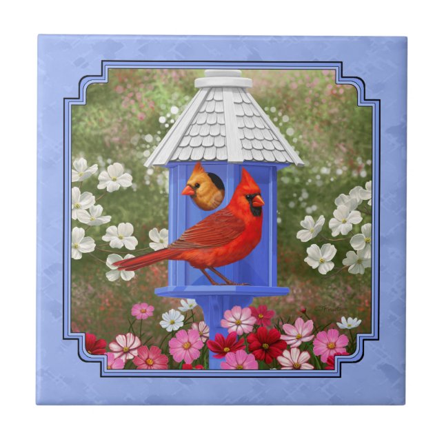 Cardinals and Round Birdhouse Blue Tile (Front)