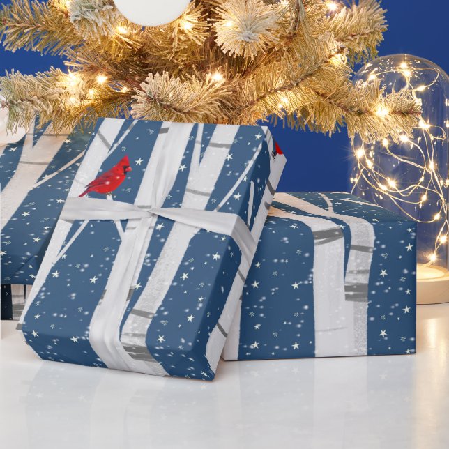 Cardinals and Snowy Owls On Birch  Wrapping Paper (Holidays)