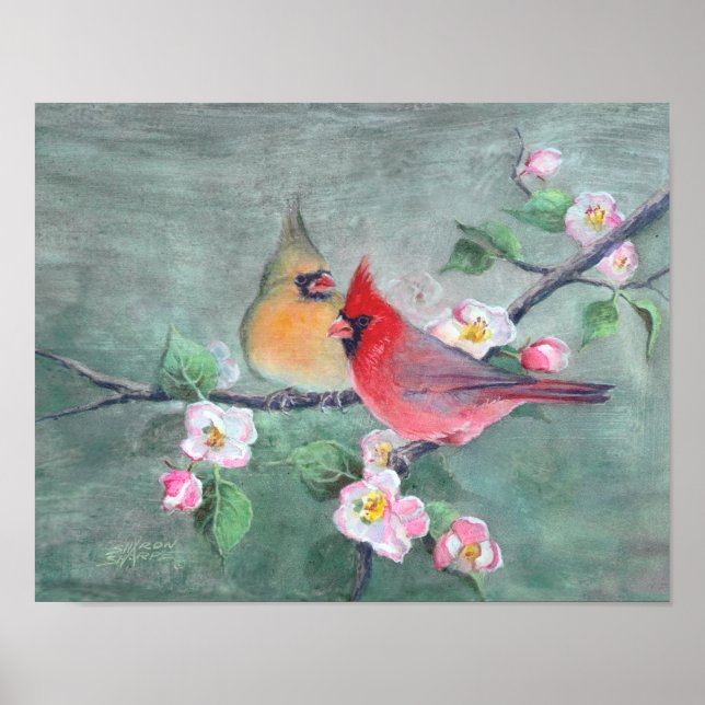 CARDINALS & APPLE BLOSSOMS by SHARON SHARPE Poster (Front)