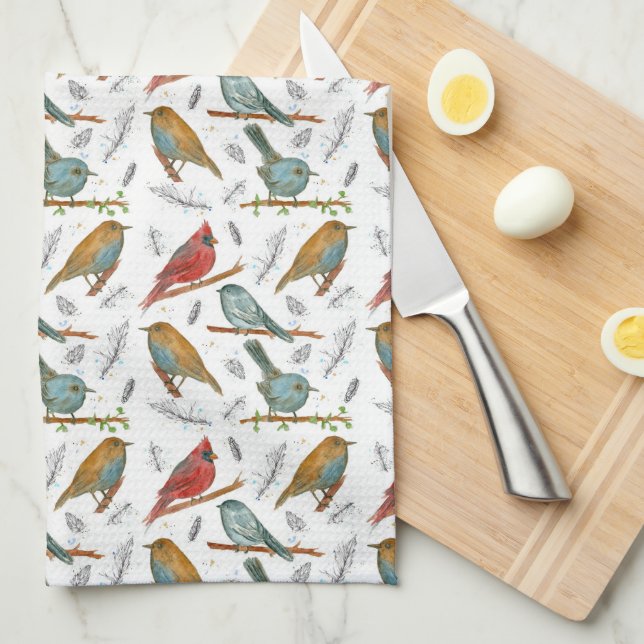 Cardinals Bluebirds Chickadee Watercolor Wildlife Tea Towel (Quarter Fold)