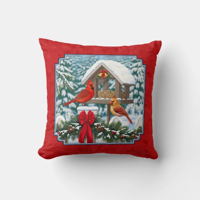Cardinals Christmas Birdfeeder Red Cushion (Front)