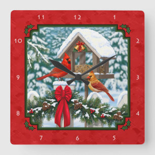 Cardinals Christmas Birdfeeder Red Square Wall Clock