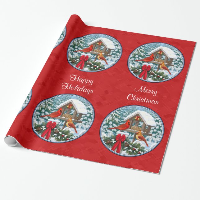 Cardinals Christmas Birdfeeder Red Wrapping Paper (Unrolled)