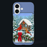 Cardinals Christmas Feast Blue iPhone 16 Case<br><div class="desc">A pair of Northern Red Cardinals perch on a snow-covered white picket fence adorned with Christmas garland and a bright red bow. They feast at a winter bird feeder decorated with Christmas bells,  ribbon,  and holly. Realistic Artwork created by wildlife artist Crista S. Forest.</div>