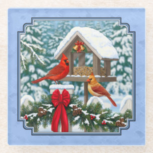 Cardinals Christmas Feast Blue Glass Coaster
