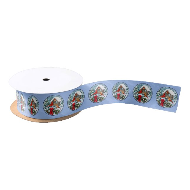 Cardinals Christmas Feast Blue Satin Ribbon (Spool)