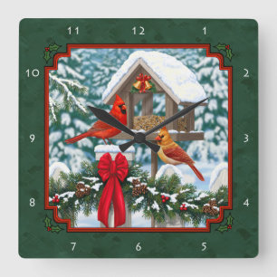 Cardinals Christmas Feast Green Square Wall Clock