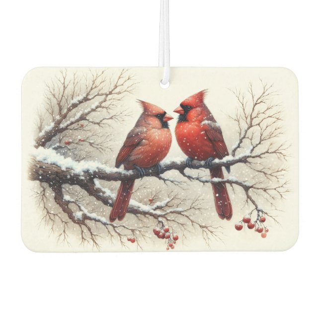 Cardinals in Snow on Tree Branch Red Berries  Car Air Freshener (Front)