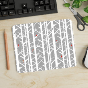 Cardinals in the Birch Trees in Light Gray Mouse Pad