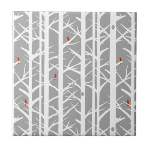 Cardinals in the Birch Trees in Light Gray Tile