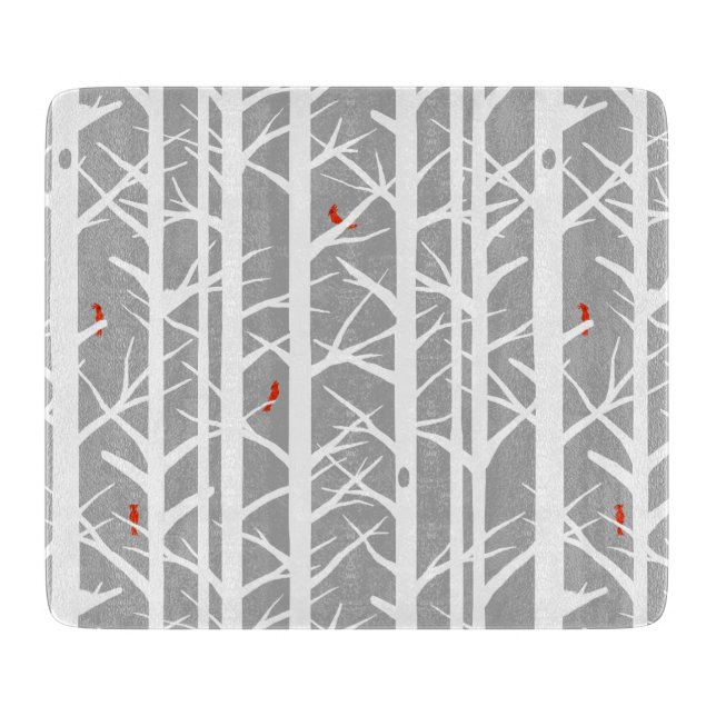 Cardinals in the Birch Trees in Light Grey Cutting Board (Front)