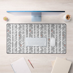 Cardinals in the Birch Trees in Light Grey Desk Mat