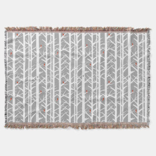 Cardinals in the Birch Trees in Light Grey Throw Blanket