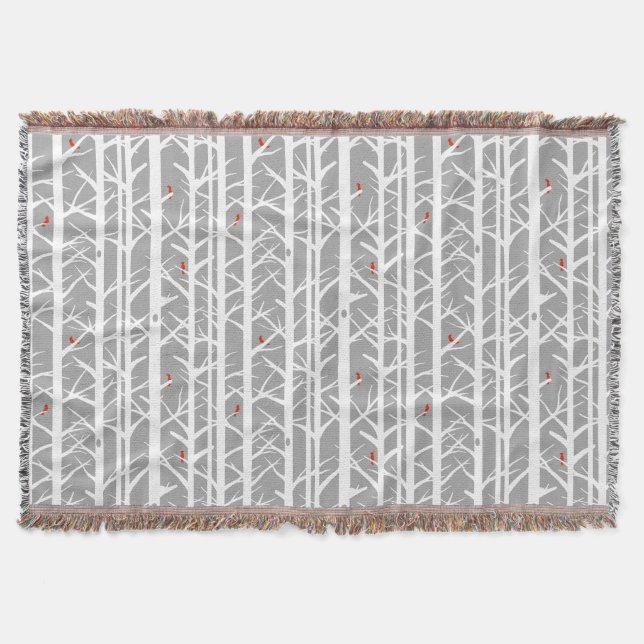 Cardinals in the Birch Trees in Light Grey Throw Blanket (Front)