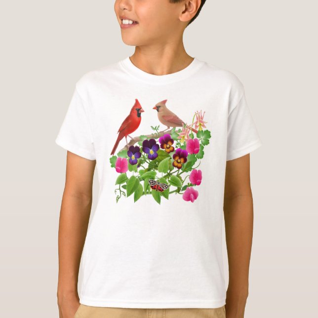 Cardinals in the Garden Kids T-Shirt (Front)