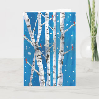 Cardinals in Winter Birch Trees Card