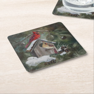 Cardinals on Snowy Birdhouse Square Paper Coaster