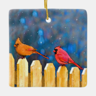 Cardinals on the Fence Painting - Original Art Ceramic Ornament