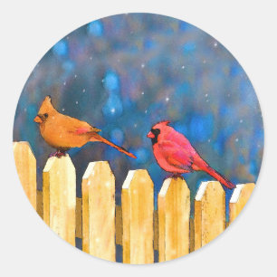 Cardinals on the Fence Painting - Original Art Classic Round Sticker