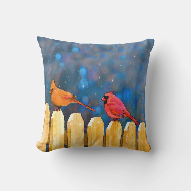 Cardinals on the Fence Painting - Original Art Cushion (Front)